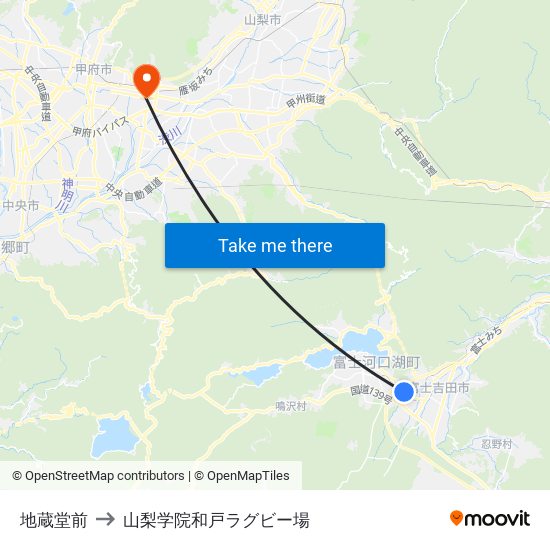 地蔵堂前 to 山梨学院和戸ラグビー場 map