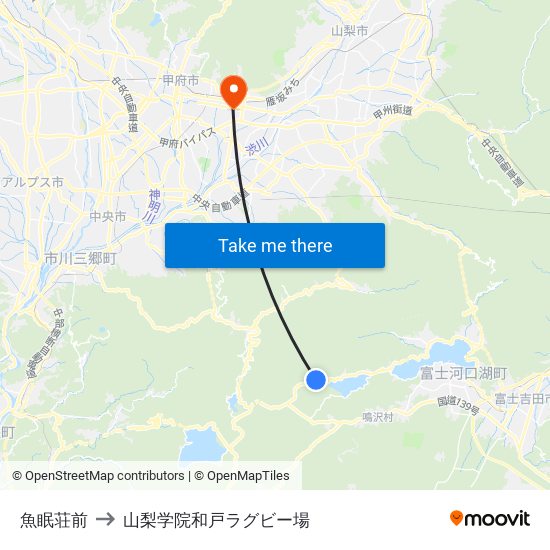 魚眠荘前 to 山梨学院和戸ラグビー場 map