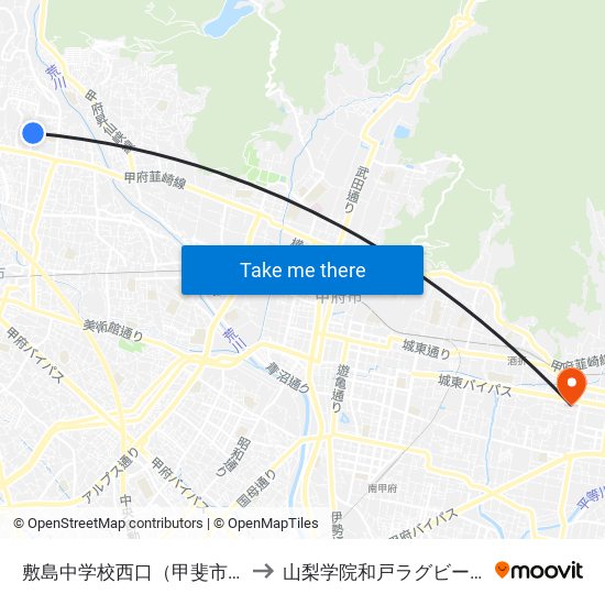 敷島中学校西口（甲斐市） to 山梨学院和戸ラグビー場 map