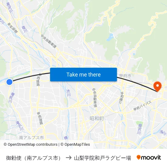 御勅使（南アルプス市） to 山梨学院和戸ラグビー場 map