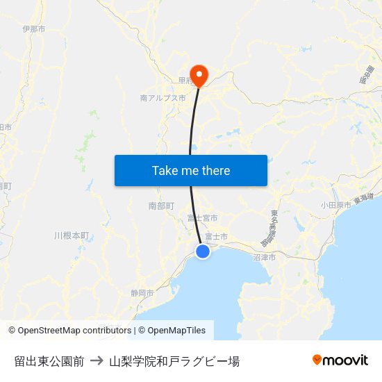 留出東公園前 to 山梨学院和戸ラグビー場 map