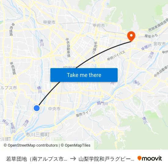 若草団地（南アルプス市） to 山梨学院和戸ラグビー場 map