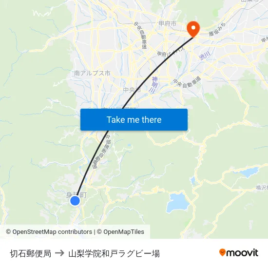切石郵便局 to 山梨学院和戸ラグビー場 map