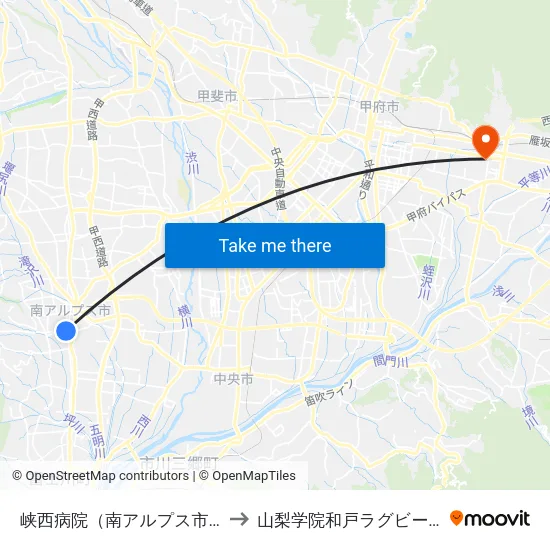 峡西病院（南アルプス市） to 山梨学院和戸ラグビー場 map