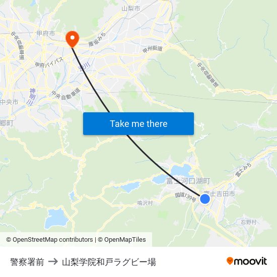 警察署前 to 山梨学院和戸ラグビー場 map