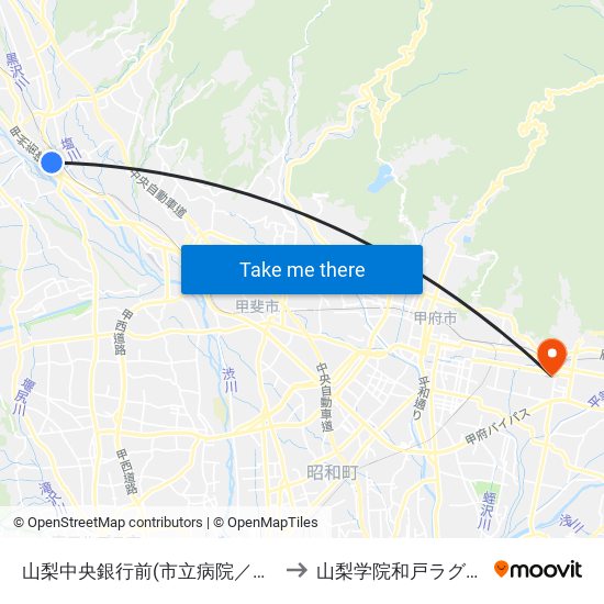 山梨中央銀行前(市立病院／竜岡方面) to 山梨学院和戸ラグビー場 map