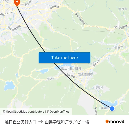 旭日丘公民館入口 to 山梨学院和戸ラグビー場 map