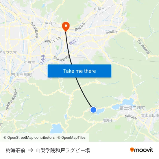 樹海荘前 to 山梨学院和戸ラグビー場 map