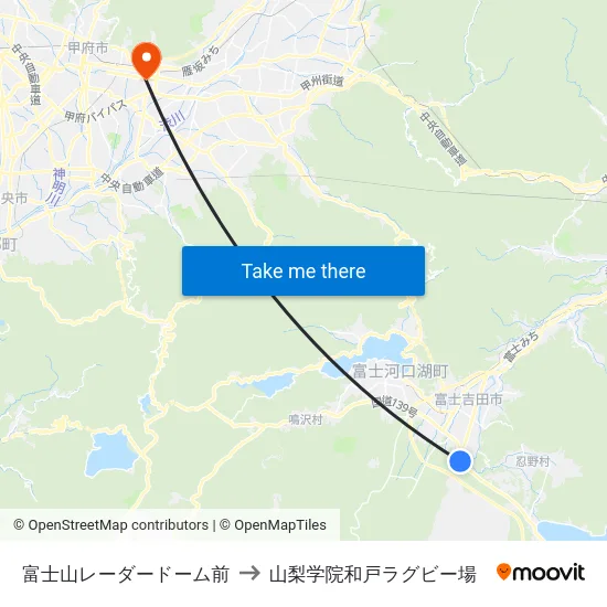 富士山レーダードーム前 to 山梨学院和戸ラグビー場 map