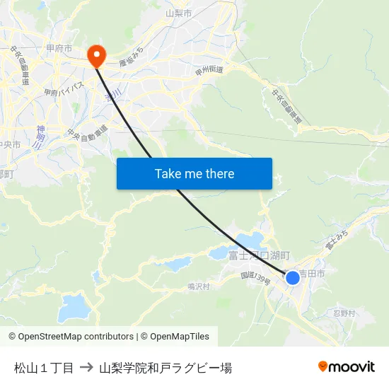 松山１丁目 to 山梨学院和戸ラグビー場 map
