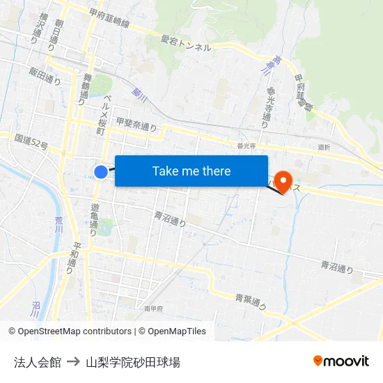 法人会館 to 山梨学院砂田球場 map