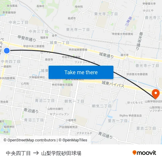 中央四丁目 to 山梨学院砂田球場 map