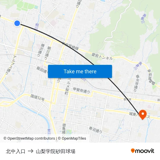北中入口 to 山梨学院砂田球場 map
