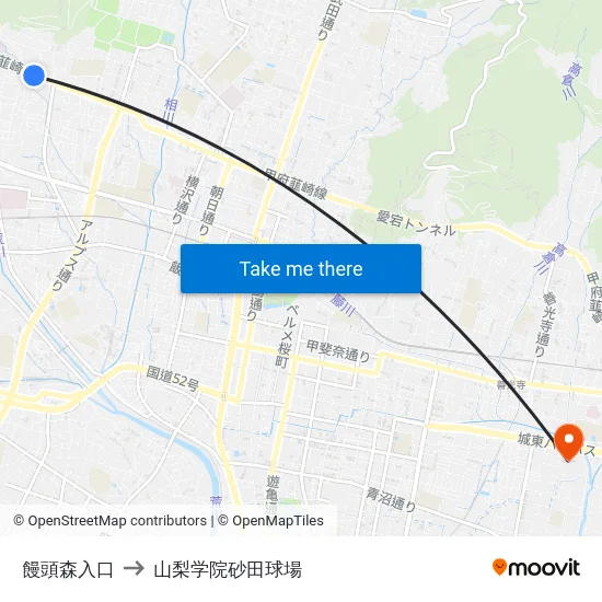 饅頭森入口 to 山梨学院砂田球場 map