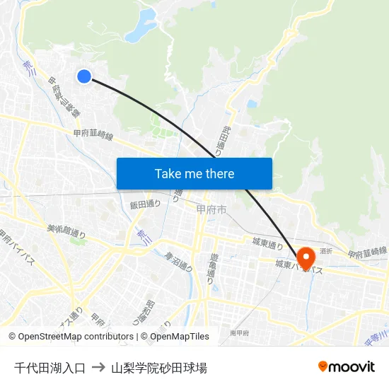 千代田湖入口 to 山梨学院砂田球場 map