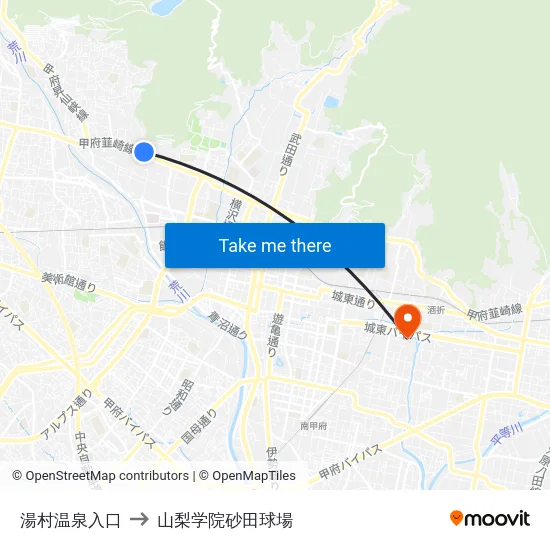 湯村温泉入口 to 山梨学院砂田球場 map
