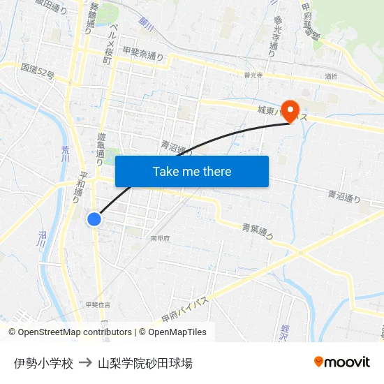 伊勢小学校 to 山梨学院砂田球場 map