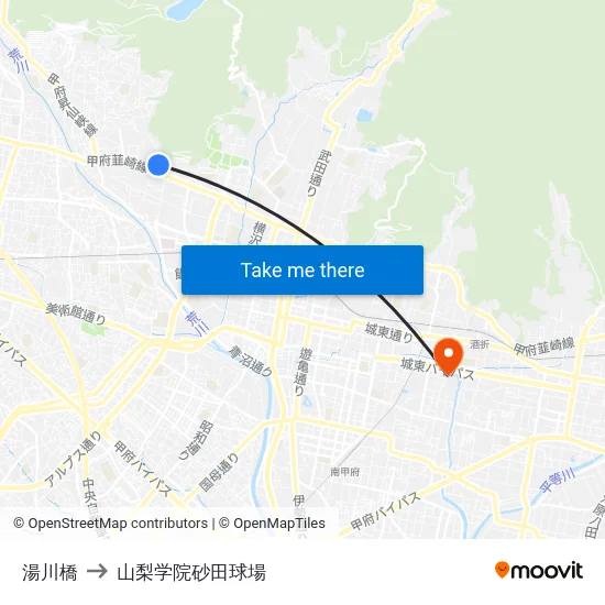湯川橋 to 山梨学院砂田球場 map