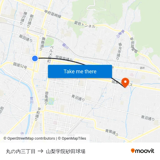 丸の内三丁目 to 山梨学院砂田球場 map