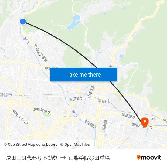 成田山身代わり不動尊 to 山梨学院砂田球場 map