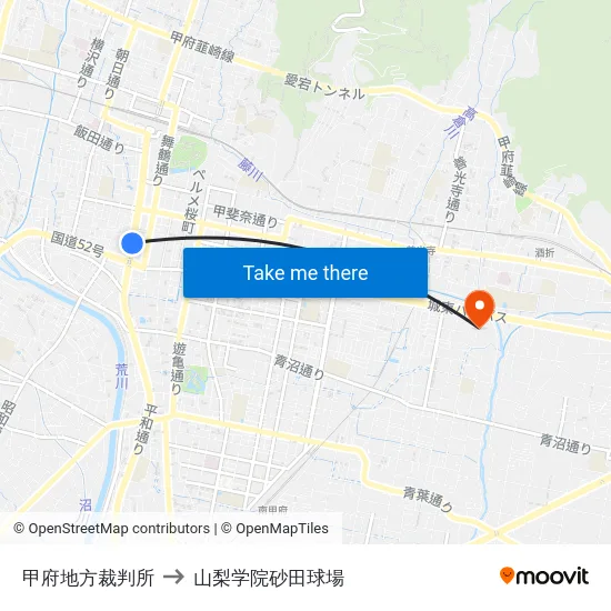 甲府地方裁判所 to 山梨学院砂田球場 map