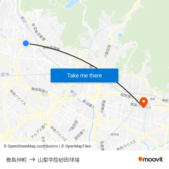 敷島仲町 to 山梨学院砂田球場 map
