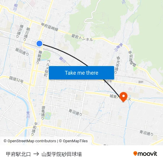 甲府駅北口 to 山梨学院砂田球場 map