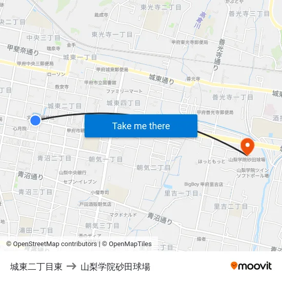 城東二丁目東 to 山梨学院砂田球場 map