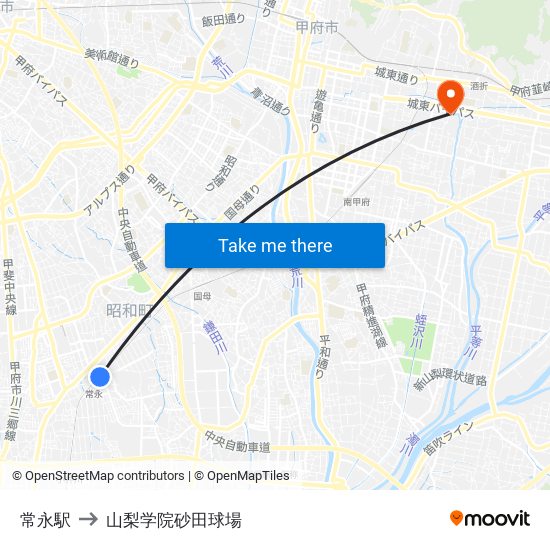 常永駅 to 山梨学院砂田球場 map