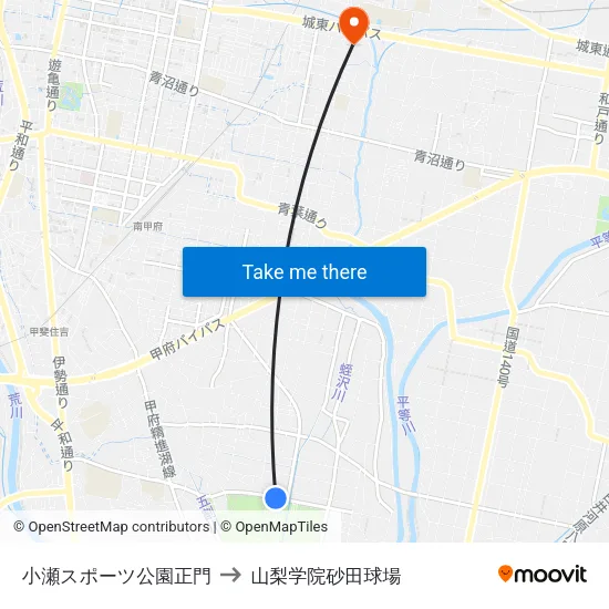 小瀬スポーツ公園正門 to 山梨学院砂田球場 map