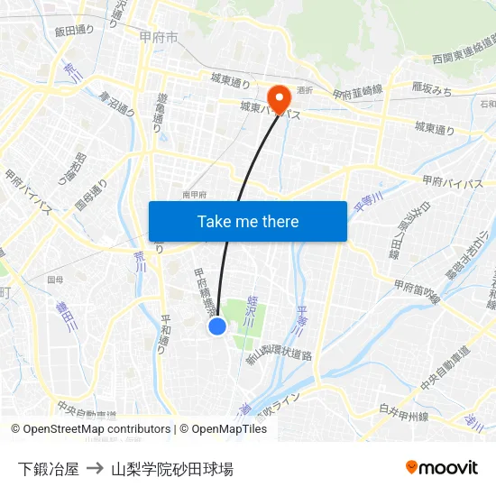 下鍛冶屋 to 山梨学院砂田球場 map