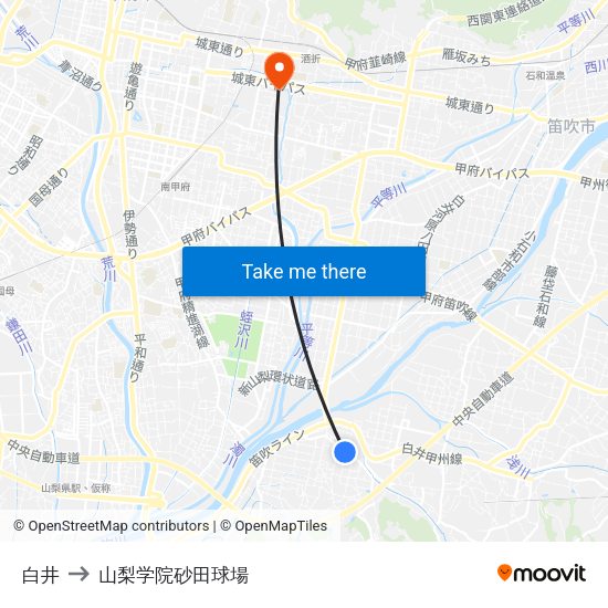 白井 to 山梨学院砂田球場 map