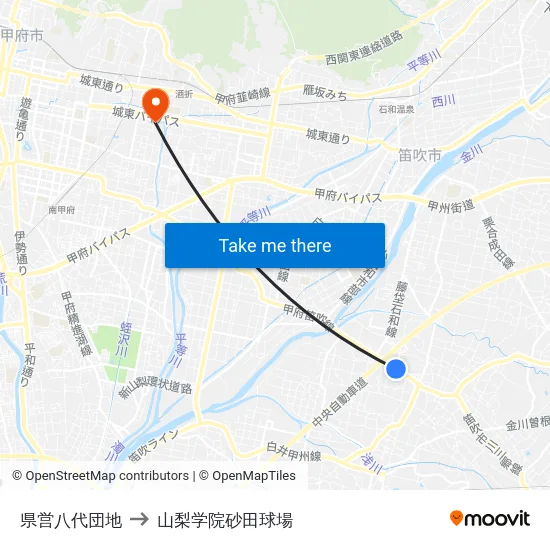 県営八代団地 to 山梨学院砂田球場 map