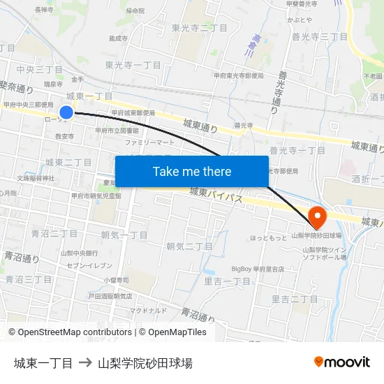 城東一丁目 to 山梨学院砂田球場 map
