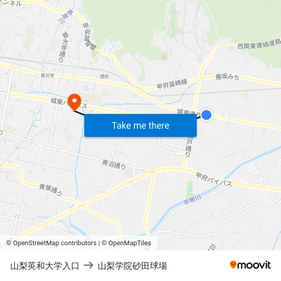山梨英和大学入口 to 山梨学院砂田球場 map