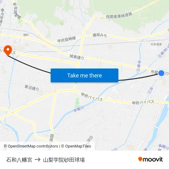 石和八幡宮 to 山梨学院砂田球場 map