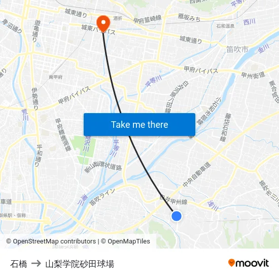 石橋 to 山梨学院砂田球場 map