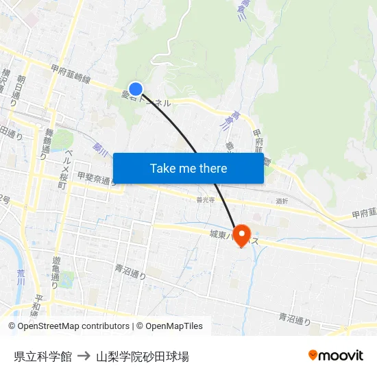 県立科学館 to 山梨学院砂田球場 map