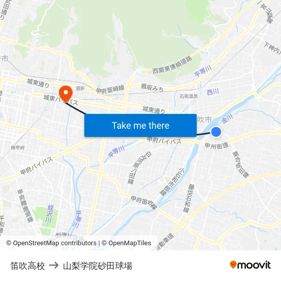 笛吹高校 to 山梨学院砂田球場 map