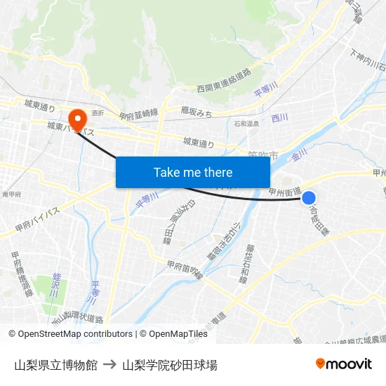 山梨県立博物館 to 山梨学院砂田球場 map