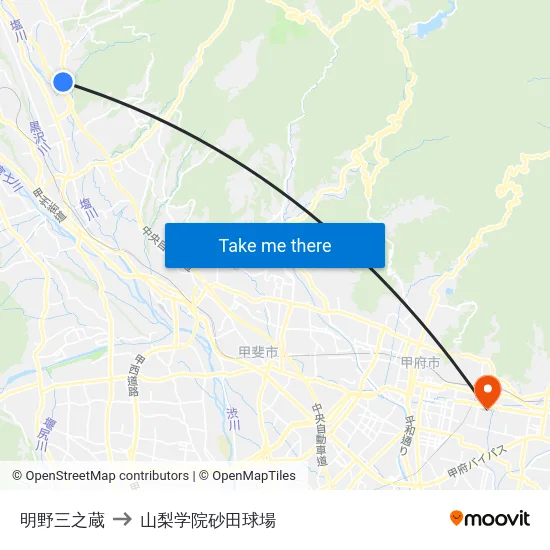 明野三之蔵 to 山梨学院砂田球場 map
