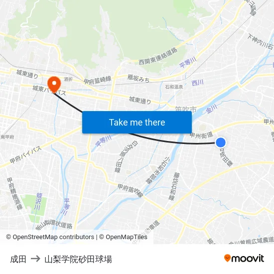 成田 to 山梨学院砂田球場 map