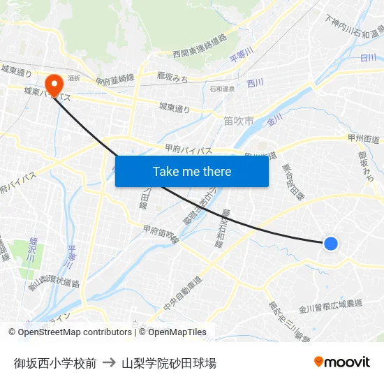 御坂西小学校前 to 山梨学院砂田球場 map