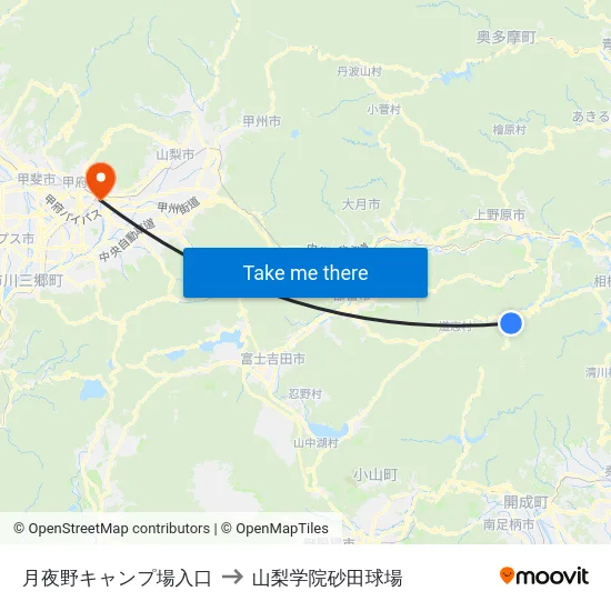 月夜野キャンプ場入口 to 山梨学院砂田球場 map