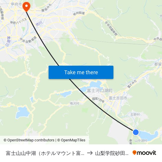 富士山山中湖（ホテルマウント富士入口 to 山梨学院砂田球場 map