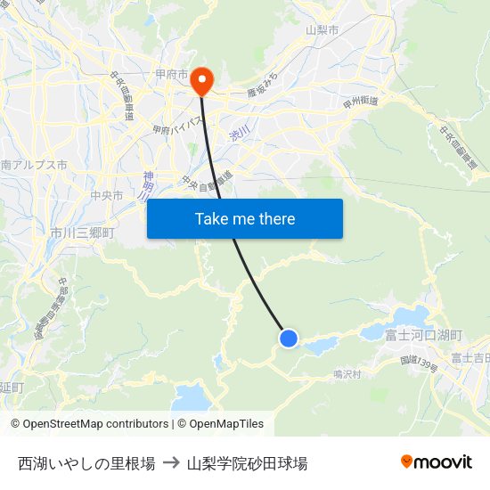 西湖いやしの里根場 to 山梨学院砂田球場 map