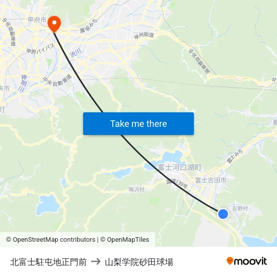 北富士駐屯地正門前 to 山梨学院砂田球場 map