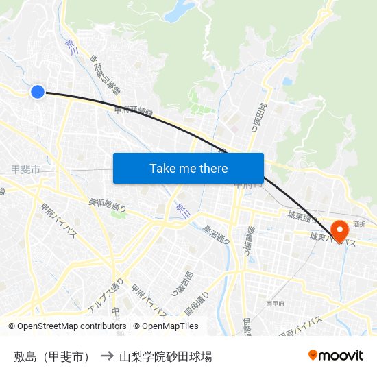 敷島（甲斐市） to 山梨学院砂田球場 map