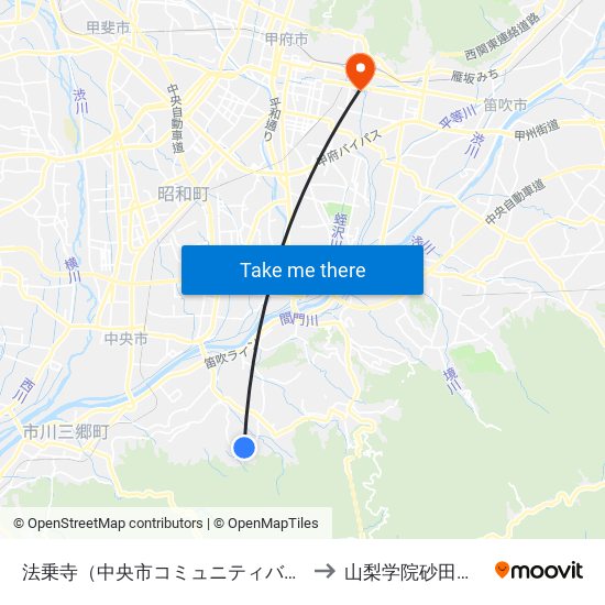 法乗寺（中央市コミュニティバス） to 山梨学院砂田球場 map