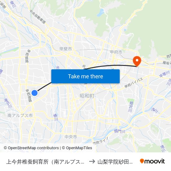 上今井稚蚕飼育所（南アルプス市） to 山梨学院砂田球場 map